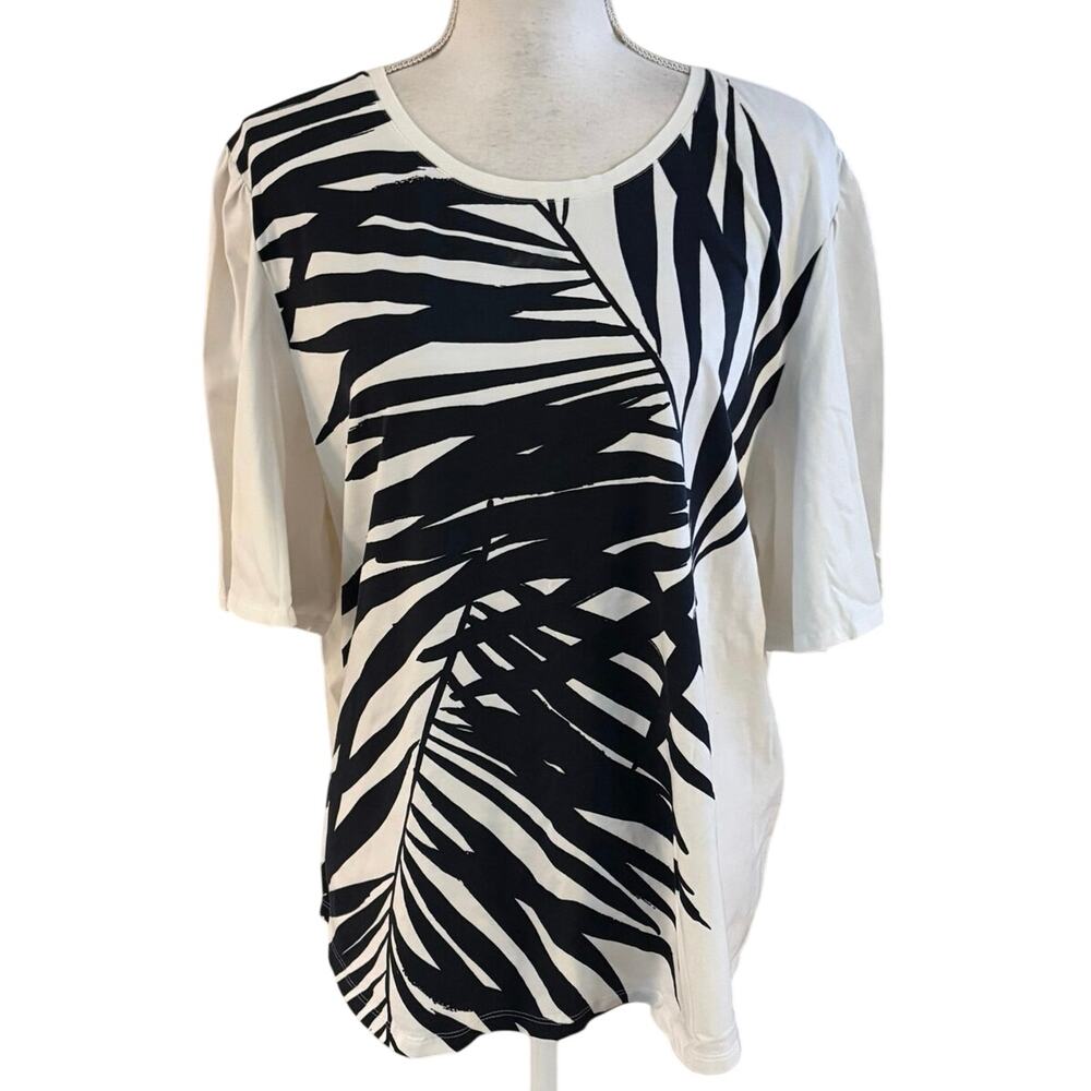 🌻 2/$20 Chicos 4 US XXL Stretch Jersey Tee T Shirt Leaf Print Puff Sleeves FLAWS